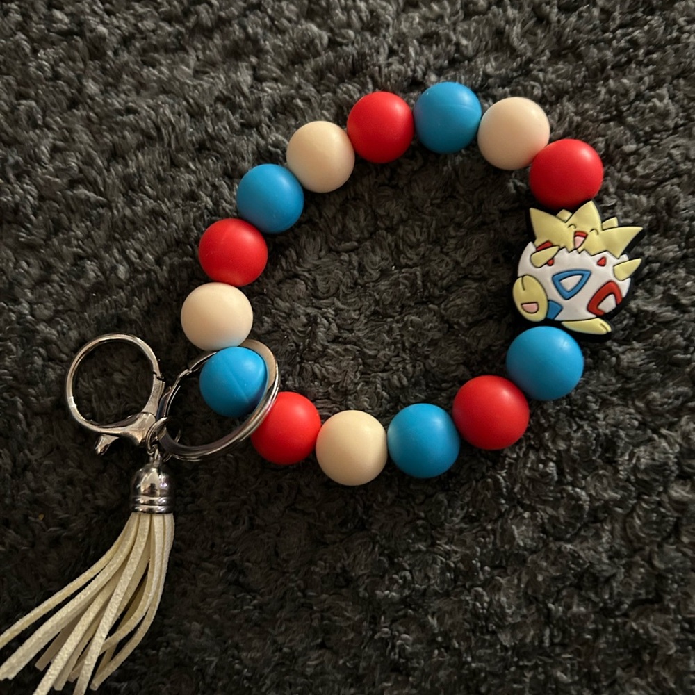 Beaded Keychain Wristlet with Cartoon Charm - Red, Blue, Cream
